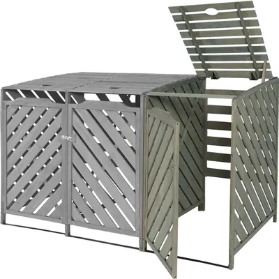 Zdjęcie produktu dla XL 1-pojemnikowa/2-pojemnikowa pokrywa kosza na śmieci HWC-J44, pojemnik na śmieci, 120x68x98cm drewno z certyfikatem MVG ~ szary