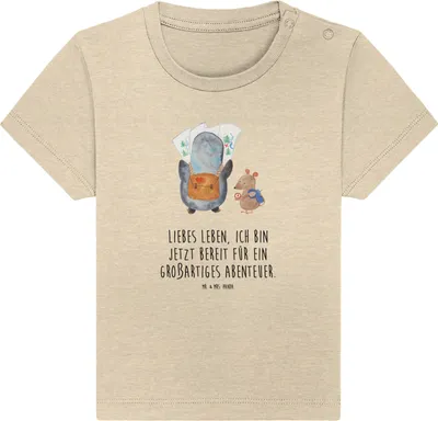 Produktbild von Mr. & Mrs. Panda Organic Baby Shirt Pinguin & Maus Wanderer 24. - 36. Monat - Natural Raw - Geschenk, Ausflug, , Kleinkind, Abenteuer, Wandern, T-Shirt, Top, Babyshirt
