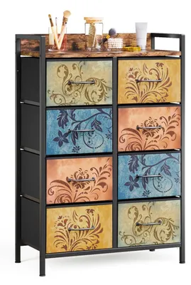 Zdjęcie produktu dla Komoda z 8 szufladami, obita tkaniną, z metalową ramą, wzór vintage z kwiatami, kolor brązowy w stylu vintage, wymiary: 66,5 x 30 x 105,5 cm