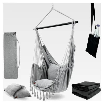 Produktbild von Hängesessel mit 2 Kissen in Hellgrau und Kuscheldecke, inklusive Getränkehalter und Bücherfach, belastbar bis 120 kg, für Indoor und Outdoor
