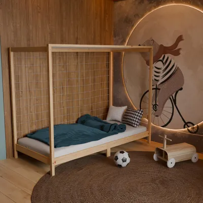 Produktbild von HAGO24 Kinderbett Fußballtor Natur Jugendbett Einzelbett Holz 90x200cm Kiefer Lattenrost Netz Spielbett Torrahmen