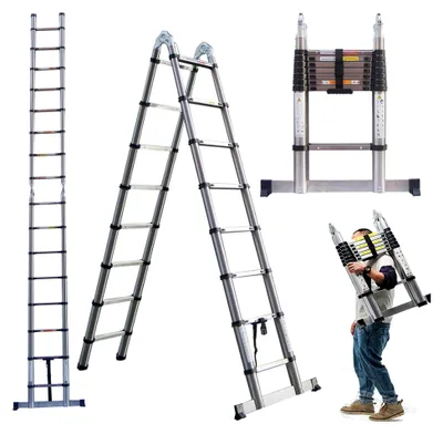 Produktbild von Teleskopleiter, ausziehbar, 5 m, Mehrzweck-Teleskopleiter mit Stabilisatorstange, tragbare, faltbare Leitern mit A-Rahmen (2,5 m + 2,5 m)