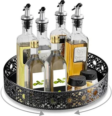 Produktbild von Unyqoos® 360° Drehplateau 25,4 cm – drehbarer Küchen‑ & Kühlschrank‑Organizer aus Kohlenstoffstahl mit Sonnenblumenrand