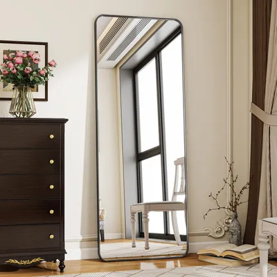 Produktbild von Koonmi Standspiegel mit abgerundeten Ecken, 58 x 168 cm Ganzkörperspiegel mit Ständer, großer Fußboden Standspiegel, Schwarz