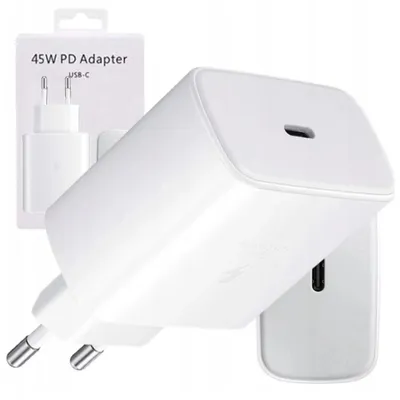 A white Samsung 45W PD adapter with a USB-C port and European plug is shown in packaging.