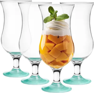 Produktbild von GLASMARK® Gläser mit türkisfarbenen Füßen 4-Set 420 ml Große (max. 470ml) 4 Stück Hurrikanstil Poco Grande Cocktail Hurricane Party Trinkglaswaren