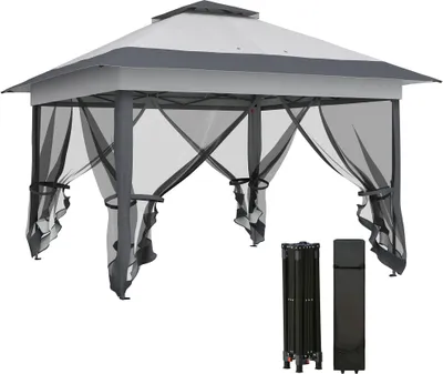Image de Outsunny Tonnelle de jardin extšŠrieur tonnelle pliante 3,6x3,6m avec double toit acier polyester moustiquaires + sac de transport š€ roulettes gris