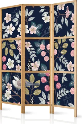 Produktbild von Paravent Blumen Blätter Vögel Natur 135x171 cm - 3-teilig - einseitig - eleganter Sichtschutz - Raumteiler - Trennwand - Raumtrenner - Holz - Design Motiv - Deko - Japan b-B-0592-z-b