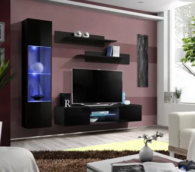 Immagine prodotto di Soggiorno nero Parete attrezzata Vetrina sospesa Mobile TV moderno in legno Nuovo
