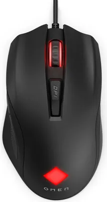 A top-down view of a black HP OMEN gaming mouse on a white background.