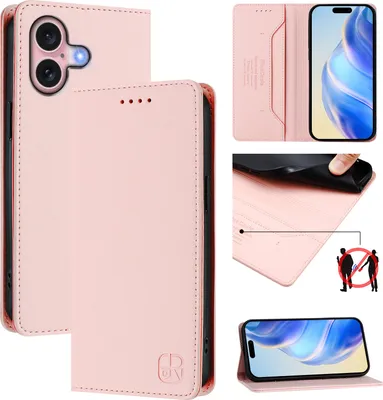 Image de Étui en cuir pour iPhone 16, étui à rabat avec fentes pour cartes, portefeuille et support Rose