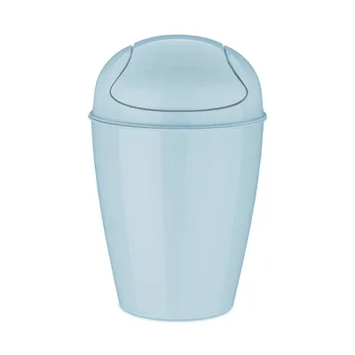 A light blue trash can with a swing lid.