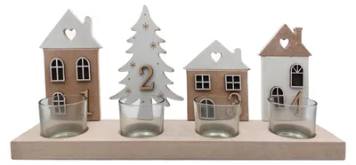 Produktbild von Holz-Adventsleuchthalter mit Häusern und Tannenbaum