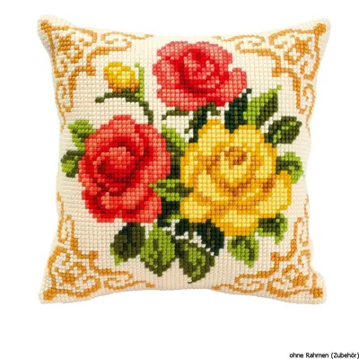 Produktbild von Kissen mit Kreuzstichmuster von Vervaco, "Bunte Rosen", mit aufgedrucktem Stickmuster
