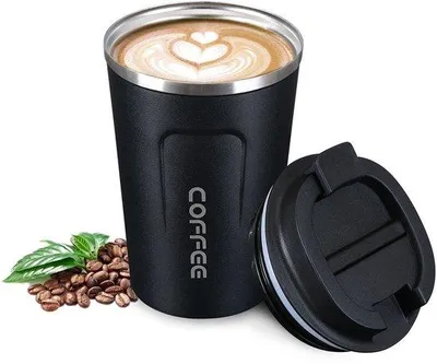 Produktbild von Reisbeker aus Edelstahl, doppelwandig, isoliert, leckfrei, Reisebecher mit Deckel, Kaffee-to-go-Becher / Thermosbecher für heiße und kalte Getränke 380ml