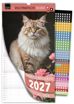 Produktbild von Spielefabrik® Familienkalender 2027 Familienplaner 5 Spalten KATZENKALENDER 23 x 43 cm Kalender mit süßen lustigen Kätzchen Wandkalender für Katzenliebhaber Tierkalender mit Stickern Ferien Feiertagen