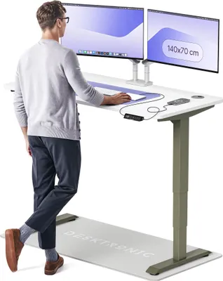 Image de Desktronic HomePro Bureau électrique réglable en hauteur 140x70cm vert/blanc avec fonction mémoire, technologie anti-collision, ports de recharge USB-A et USB-C