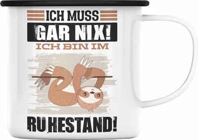 Produktbild von Trendation - Renter Emaille Tasse Geschenk Ich Muss Gar Nix Ich Bin Im Ruhestand Renterin Rentner Geschenkidee Abschied Ruhestand (Schwarz)
