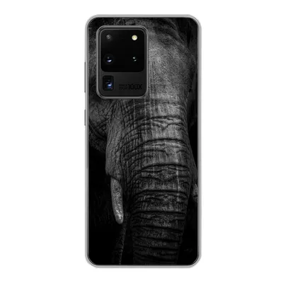 Produktbild von MuchoWow® Handyhülle Schutzhülle Hülle für Samsung Galaxy S20 Ultra Elefant auf schwarzem Hintergrund in schwarz und weiß Silikon Softcase Handy Hülle - Karteninhaber