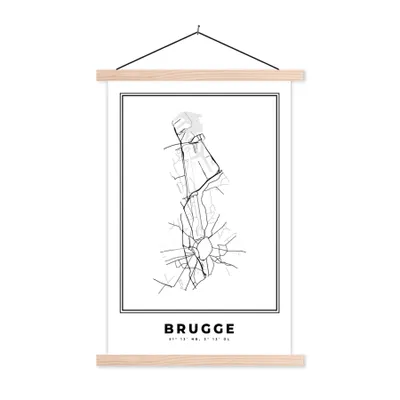 Produktbild von MuchoWow® Textilposter Karte - Belgien - Brügge - Schwarz und weiß - Stadtplan 120x180 cm mit holzfarbenen Rahmen - Textil-Plakat