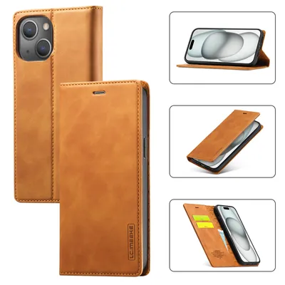 Obrázek produktu pro Kožené pouzdro pro iPhone 15 Plus, s funkcí stojánku a držákem karet, peněženkový design pouzdro hnědé