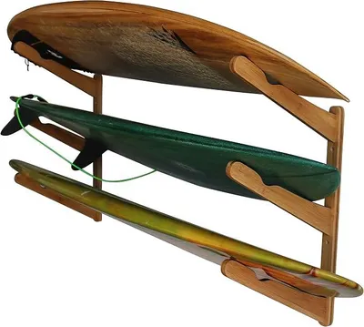 Immagine prodotto di Supporto a parete per tavole da surf, snowboard e skateboard, espositore a tre livelli per tavole da surf