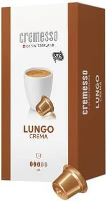 A product shot of Cremesso Lungo Crema coffee capsules packaging.