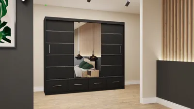 Produktbild von Easy4You Florence Schwarz Schiebetürenschrank Kleiderschrank 250x218x61 cm mit Spiegel - Schlafzimmermöbel, Aufbewahrung – Mehrzweckschrank mit 4 Schubladen und 4 Kleiderstangen