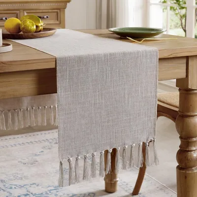 Zdjęcie produktu dla Bieżnik 33x90cm, wygląd lnu, pralny, styl boho, jasnobrązowy, do dekoracji stołu jadalnego