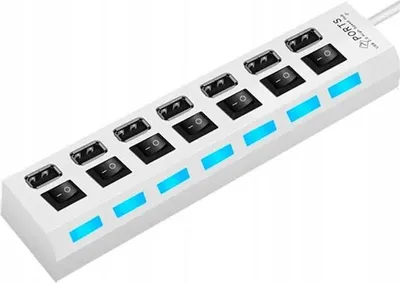Obrázek produktu pro Rychlý rozbočovač USB 2.0 se 7 porty, LED diodami, napájecím zdrojem a bílými přepínači