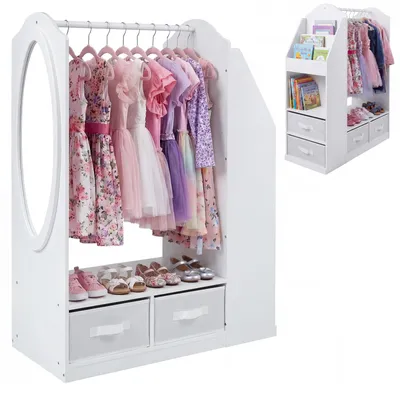 Immagine prodotto di Armadio per bambini COSTWAY, appendiabiti con specchio a figura intera, porta abiti con barra appendiabiti, ripiani, libreria per bambini dai 3 anni in su