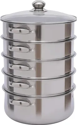 A multi-tiered stainless steel steamer pot with a glass lid.