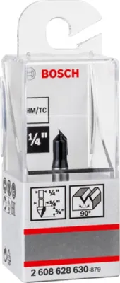 Immagine prodotto di Fresa a V Bosch, 1/4 di pollice, D1 6,3 mm, L 9,2 mm, G 45 mm, 90° 2608628630