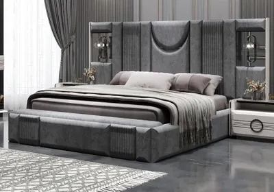 Produktbild von Bett Doppelbett Polsterbett Bettrahmen Stoffbett hohes Kopfteil Grau