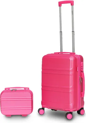 Two pink suitcases, one small and one large, are shown against a white background.