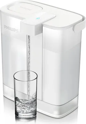 A white Philips water filter is shown dispensing water into a glass.