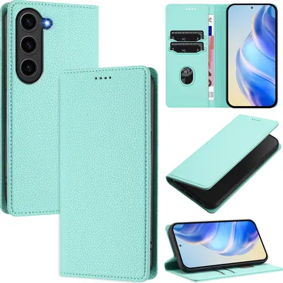 Produktbild von Litchi Leder Handyhülle für Samsung Galaxy S23 FE Wallet Kartenfächer Standfunktion Hülle Türkis