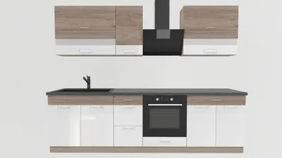 Produktbild von Küchenzeile 270 cm - ECONO A - Sonoma Eiche - Weiß Hochglanz - Mit Arbeitsplatte Dunkelbraun - Einbauküche mit Soft-Close - Metallbox Schubladen