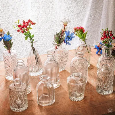 Immagine prodotto di Vaso di vetro, vaso a forma di bocciolo, piccoli vasi di fiori vintage, piccoli vasi di fiori vintage per composizioni floreali, centrotavola decorativo, decorazione della tavola, casa, matrimonio, festa, 12 pezzi