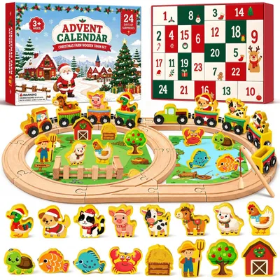 Productafbeelding van Adventskalender 2026 kinderen kerstkalender baby met magnetische houten trein 24 dagen adventskalender peuter boerderij Montessori houten speelgoed