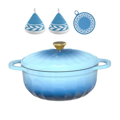 Produktbild von Gusseisentopf (4,7 l), Blütenblattförmig,inklusive Handschuhen und hitzebeständiger Unterlage, geeignet zum Backen in der Küche Blau