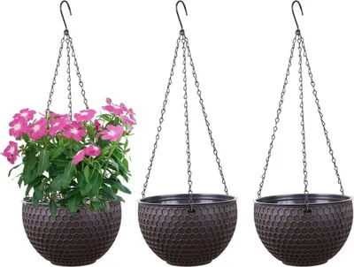 Produktbild von Hängende Blumentöpfe 3er Set, Selbstbewässerung Hängepflanztöpfe Mit Wasserspeicher & Ablaufloch Bienenwabe Blumenampel Mit Rostfrei Ketten, Dunkelbraun, S (Kaliber 16,5 cm)
