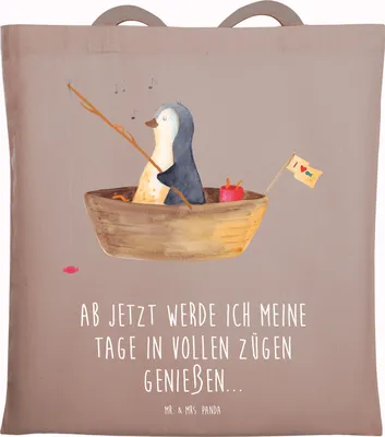 Produktbild von Mr. & Mrs. Panda Schultasche Pinguin Angelboot - Braun Pastell - Geschenk, Einkaufstasche, Boot, Leben, Shopping Tasche, Stoffbeutel, Tote Bag, Angeln, Optimistisch