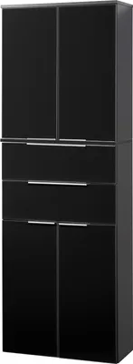 A black cabinet with multiple drawers and doors.