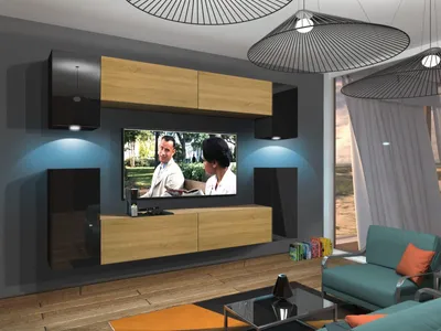 Produktbild von Furnitech Wohnwand Wohnzimmer - Wohnzimmer Möbel mit LED Blau - Hängend Wohnwand Modern - Wohnzimmer Schrankwand mit Regale und TV Schrank (Rodos AN43-17BD-HGM47 1B)
