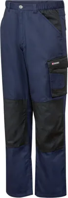 A pair of navy and black work pants shown from the front.