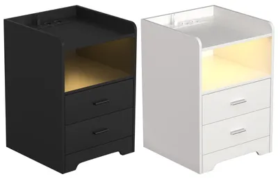 Zdjęcie produktu dla Nocna szafka Ikodm z podświetleniem RGB LED i aplikacją Bluetooth, 2 szuflady, otwarta półka, 2 gniazda elektryczne, porty USB i USB-C, 4 kółka, udźwig 30 kg, kolor: czarny
