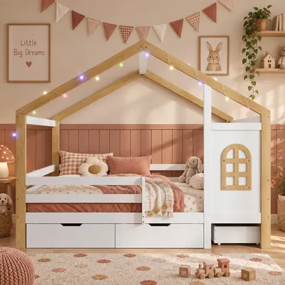 Productafbeelding van Bedbank 120x200 cm. Kinderbed van grenen en MDF met veiligheidsreling, 3 lades, lichtketting, wit, natuurlijke houtkleur