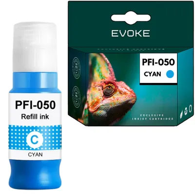 Image de Encres Evoke pour imprimantes Canon, modèle PFI-050, couleur cyan, compatibles avec les modèles image PROGRAF TC20 et TC20M