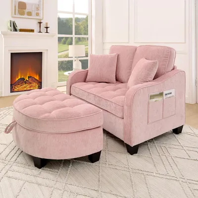 Produktbild von okwish 2-in-1 Schlafsofa Modulares Sofa Loungesofa mit  rutschfeste Kunststoffbeine,Chaiselongue Relaxsofa mit Aufbewahrungshocker,Rosa